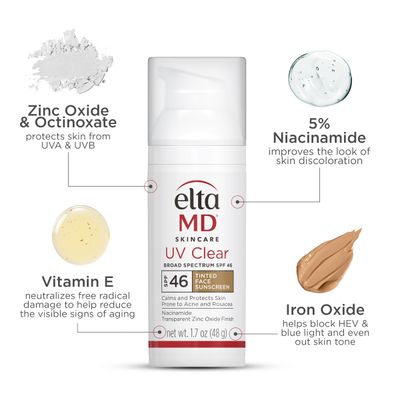 EltaMD UV Clear Tinted Sunscreen for Face, SPF 46 with Zinc Oxide, Oil-Free, Dermatologist Recommended, For Acne-Prone Sensitive Skin, 1.7 oz (Pack of 2)