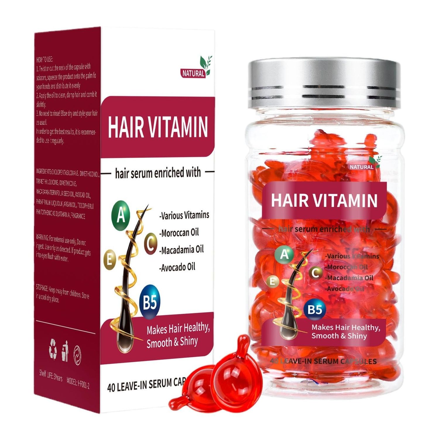Hair Treatment Serum 40 Count- Vitamins Capsules with Argan Macadamia Avocado Oils, Vitamin A, C, E, Pro B5, Leave-In Conditioner for Women Men Frizzy Damaged Hair Repair, No Rinse HFJN