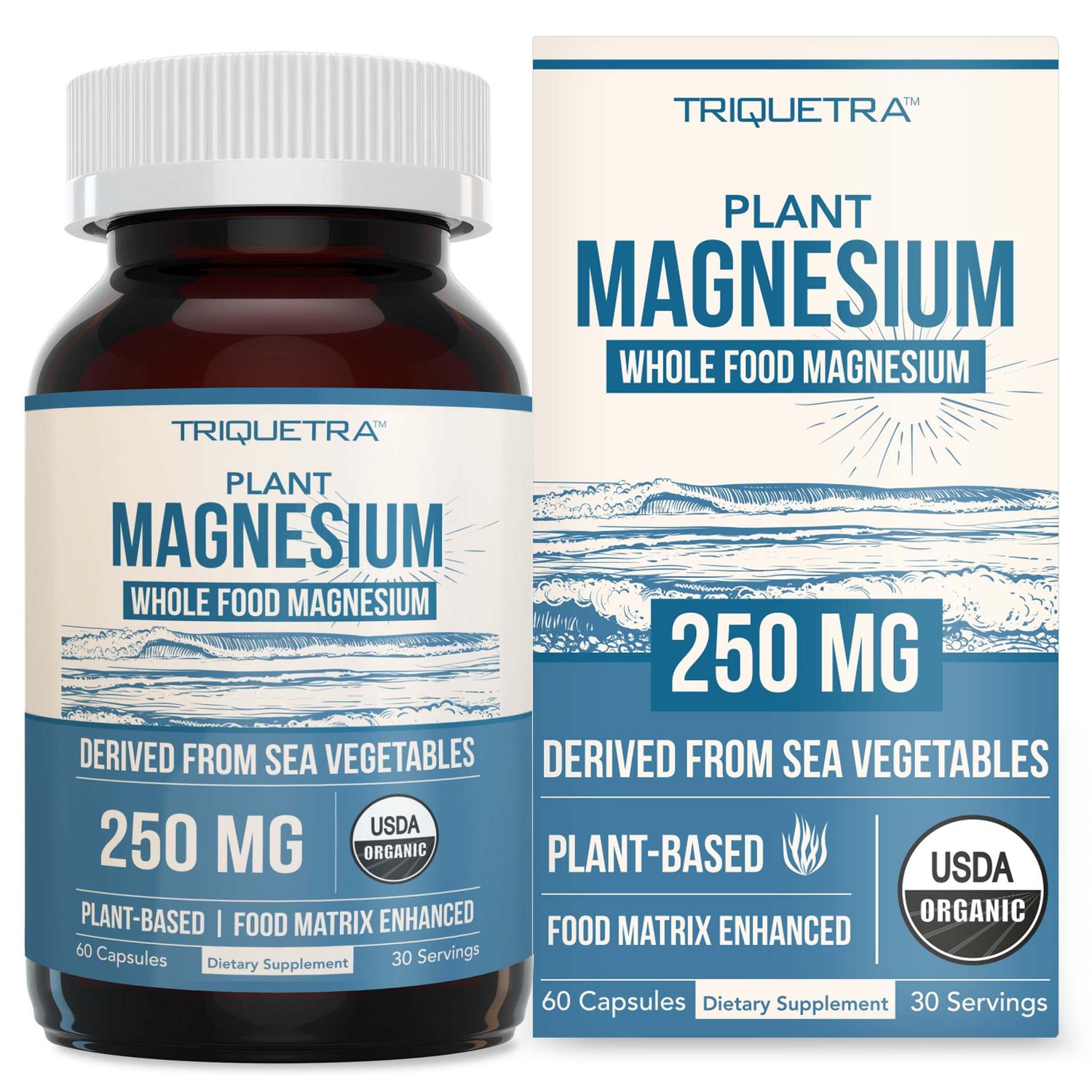 Organic Magnesium Whole Food Magnesium - Plant-Based, Organic Sea Vegetable Complex - 250 mg Magnesium Per Serving Water Extracted Gentle on Stomach Energy, Sleep, Muscle, Heart - 60 Capsules