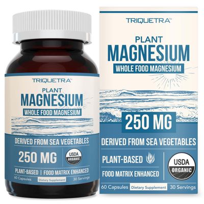 Organic Magnesium Whole Food Magnesium - Plant-Based, Organic Sea Vegetable Complex - 250 mg Magnesium Per Serving Water Extracted Gentle on Stomach Energy, Sleep, Muscle, Heart - 60 Capsules