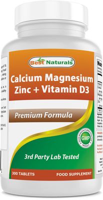 Best Naturals Calcium Magnesium Zinc with Vitamin D3, 300 Tablets - Calcium 1000 mg, Magnesium 400 mg, Zinc 25 mg D3 600 IU per Serving (3 Tablets)