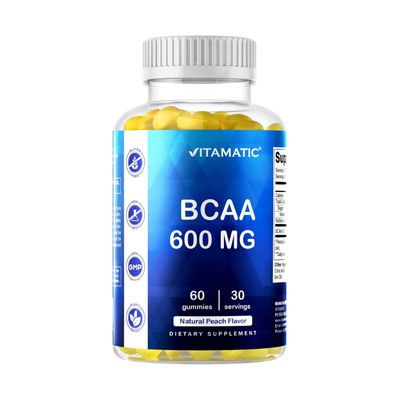 Vitamatic BCAA Gummies - Branch Chain Amino Acid Supplements - Peach Flavor - 600mg per Serving - 60 Vegan Pectin Based Gummies (1 Bottle)