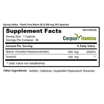 Spring Valley Flush-free Niacin 500 mg Metabolism Support, 60 Capsules (Pack of 2)