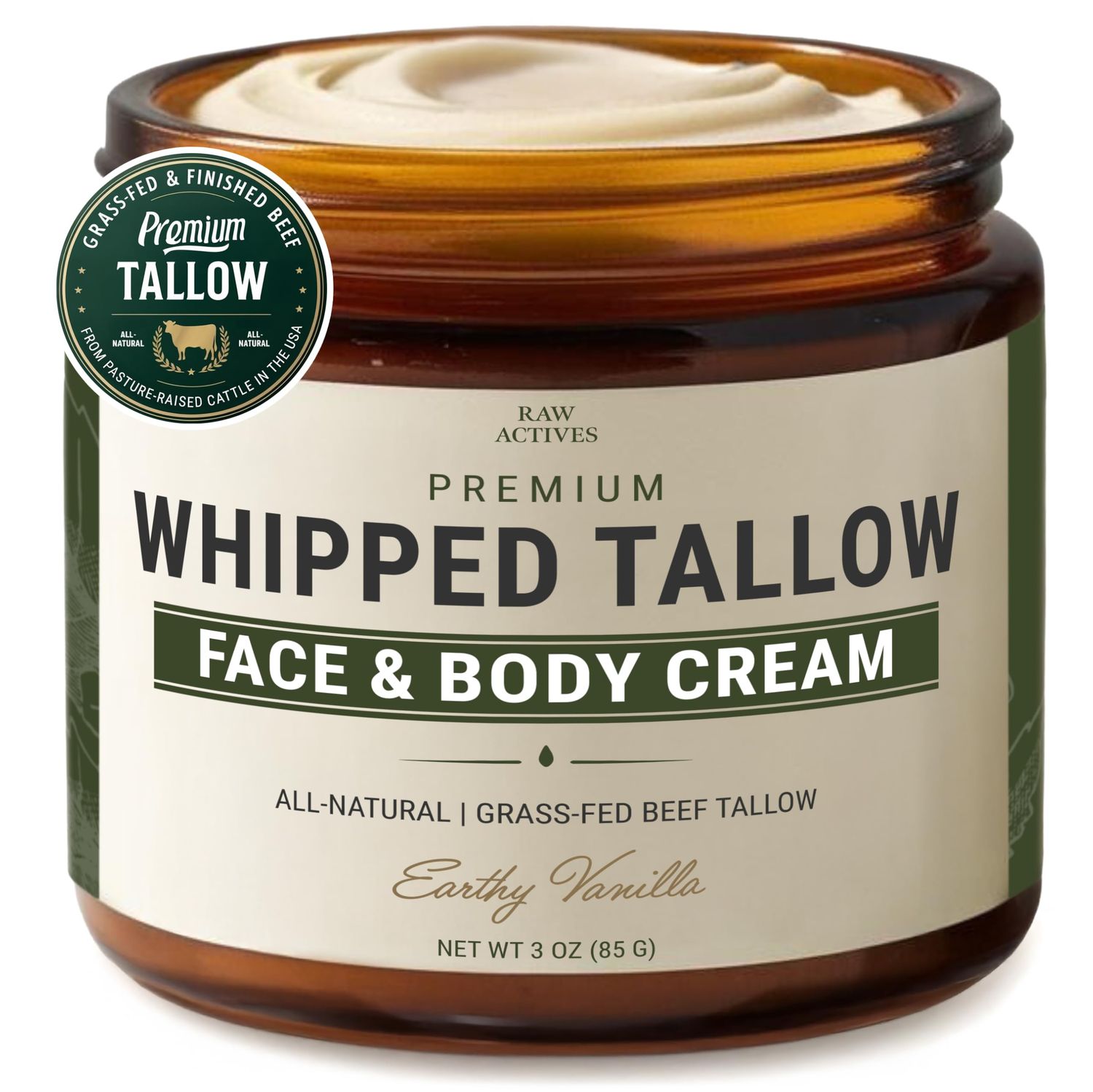 RAW ACTIVES Beef Tallow for Skin Care - 100 Grass Fed Grass Finished with Organic Jojoba, Prickly Pear, Rosehip, Tamanu Oils, Neroli, Vanilla Manuka Honey