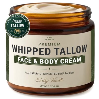 RAW ACTIVES Beef Tallow for Skin Care - 100 Grass Fed Grass Finished with Organic Jojoba, Prickly Pear, Rosehip, Tamanu Oils, Neroli, Vanilla Manuka Honey