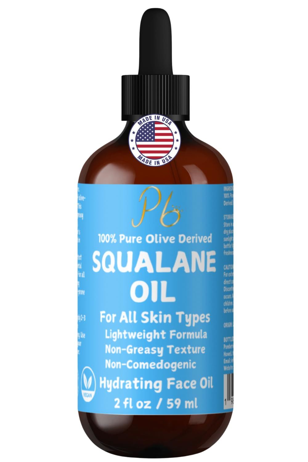 100 Pure Squalane Oil - Hydrating Anti-Aging Moisturizer - Lightweight, Non-Greasy Fast-Absorbing - Plant-Derived Non-Comedogenic - Squalane for Face, Skin Hair, 2 fl oz