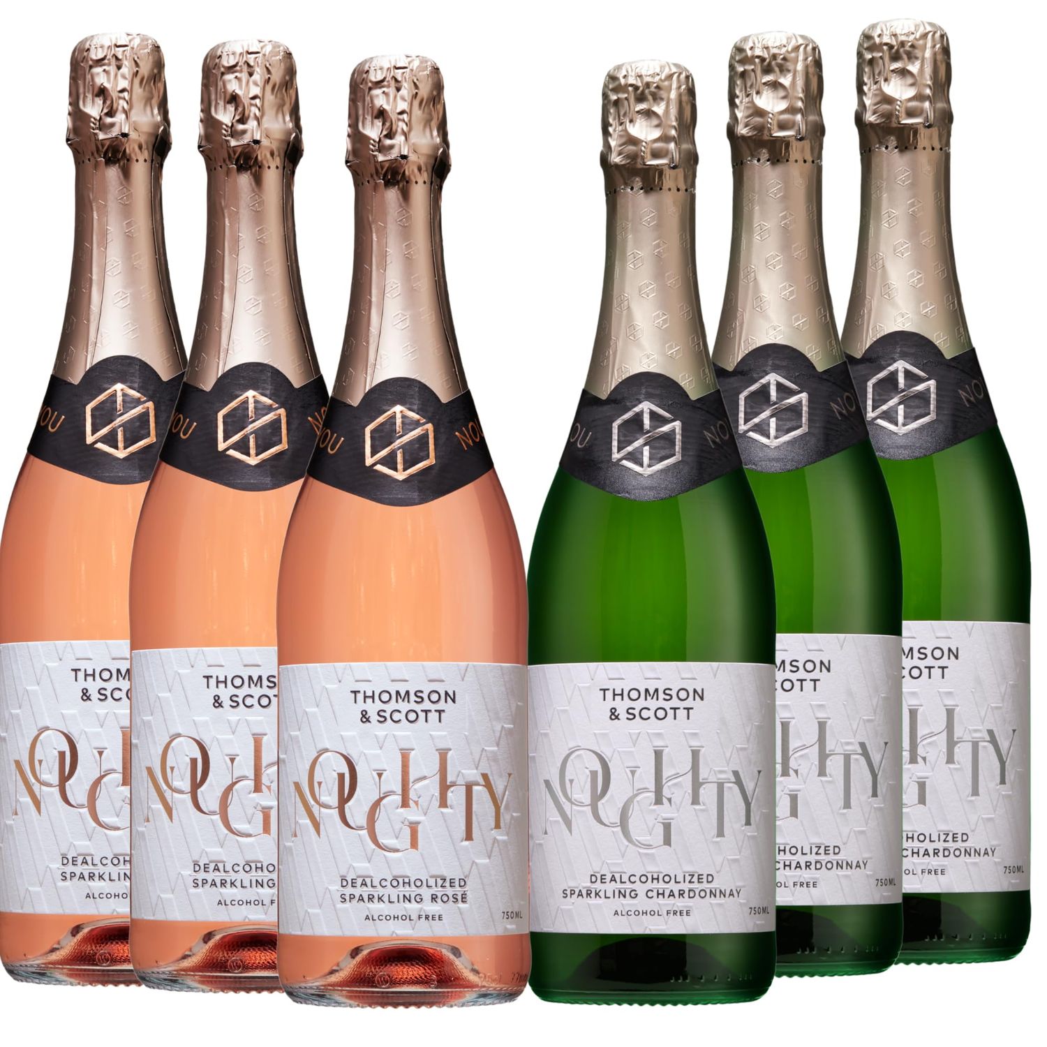 Thomson Scott Noughty Non-Alcoholic Sparkling Wine Bundle, 3 x Sparkling Rose 3 x Sparkling Chardonnay, 750ml each