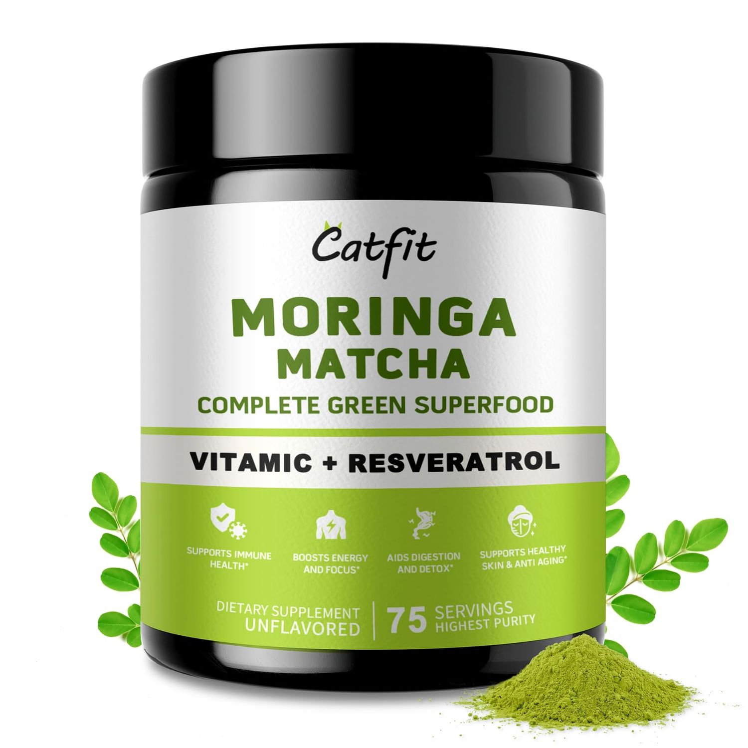 Catfit Moringa Powder - Superfood Blend with Matcha, Green Tea Resveratrol - Moringa Supplement for Energy, Antioxidant Immune Support - Vegan, Gluten Free, Easy-to-Mix Drink (8oz)