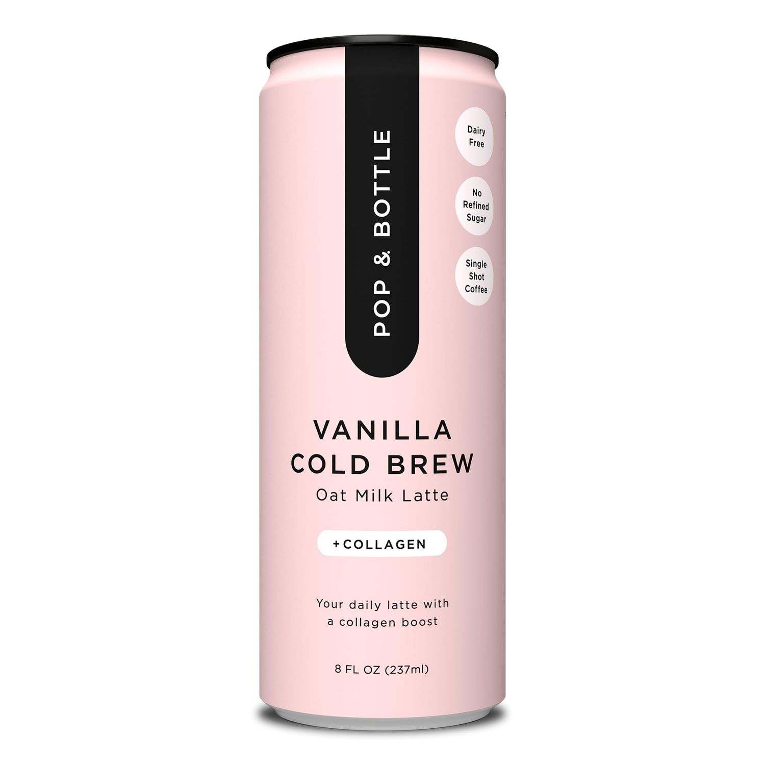 Pop Bottle Vanilla Oat Milk Lattes - Cold Brew, Sustainably Sourced Marine Collagen, MCT Oil, Organic, Dairy Free, Gluten Free, Lightly Sweetened with Dates - 8 Fl Oz (Pack of 10)