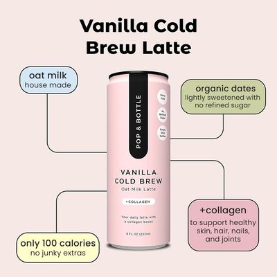 Pop Bottle Vanilla Oat Milk Lattes - Cold Brew, Sustainably Sourced Marine Collagen, MCT Oil, Organic, Dairy Free, Gluten Free, Lightly Sweetened with Dates - 8 Fl Oz (Pack of 10)