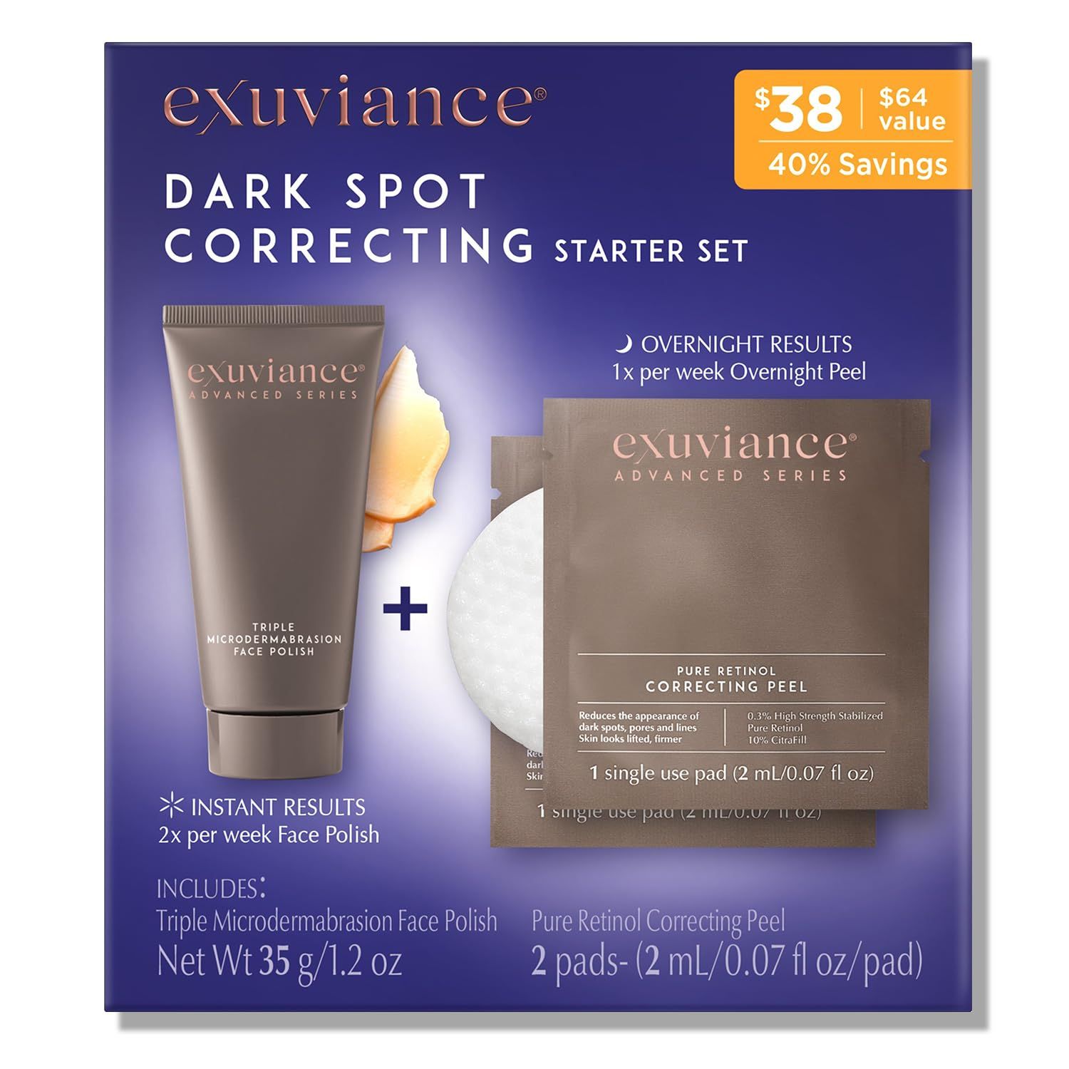 EXUVIANCE Dark Spot Correcting Starter Set (35g Triple Microdermabrasion Face Polish2 pads Pure Retinol Corecting Peel)