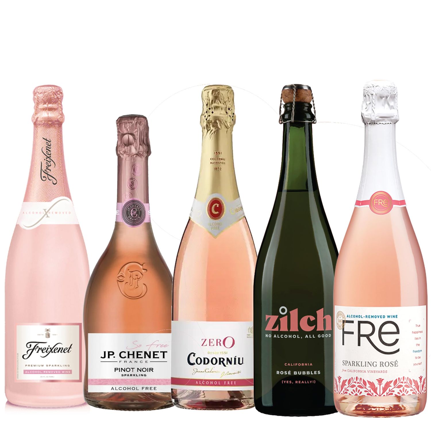 Sparkling Ros Non-Alcoholic Wine Date Night Mixed 5 Pack Includes JP Chenet, Freixenet, Zilch, Codorniu, and Fre 750ml Zero Alcohol Dealcoholized Champagne