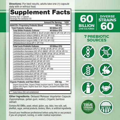 Vital Planet - Vital Flora Adults Over 55 Daily Probiotic 60 Billion CFU, Diverse Strains, Organic Prebiotics, Immune Support, Gas Relief, Digestive Health Probiotics for Women and Men 60 Capsules