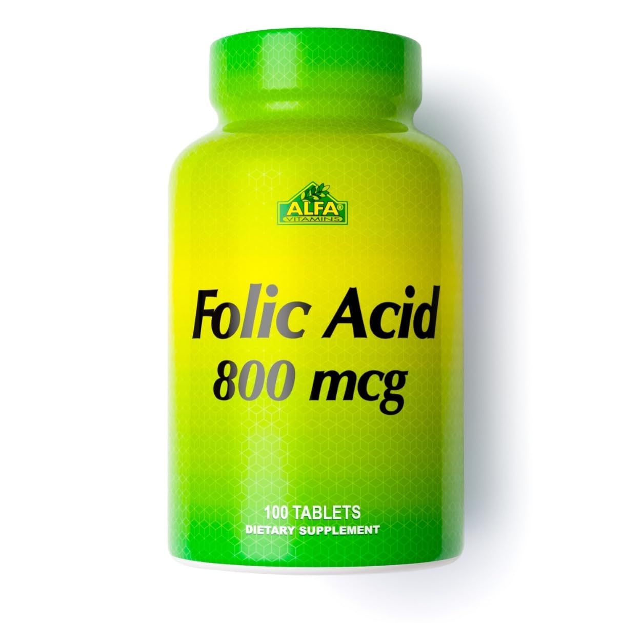 ALFA VITAMINS Folic Acid 800 Mcg Dietary Supplement - Natural Folate, Helps Supports Cardiovascular Health, Metabolism, Brain, Proper Development of Fetus During Pregnancy - 100 Tablets
