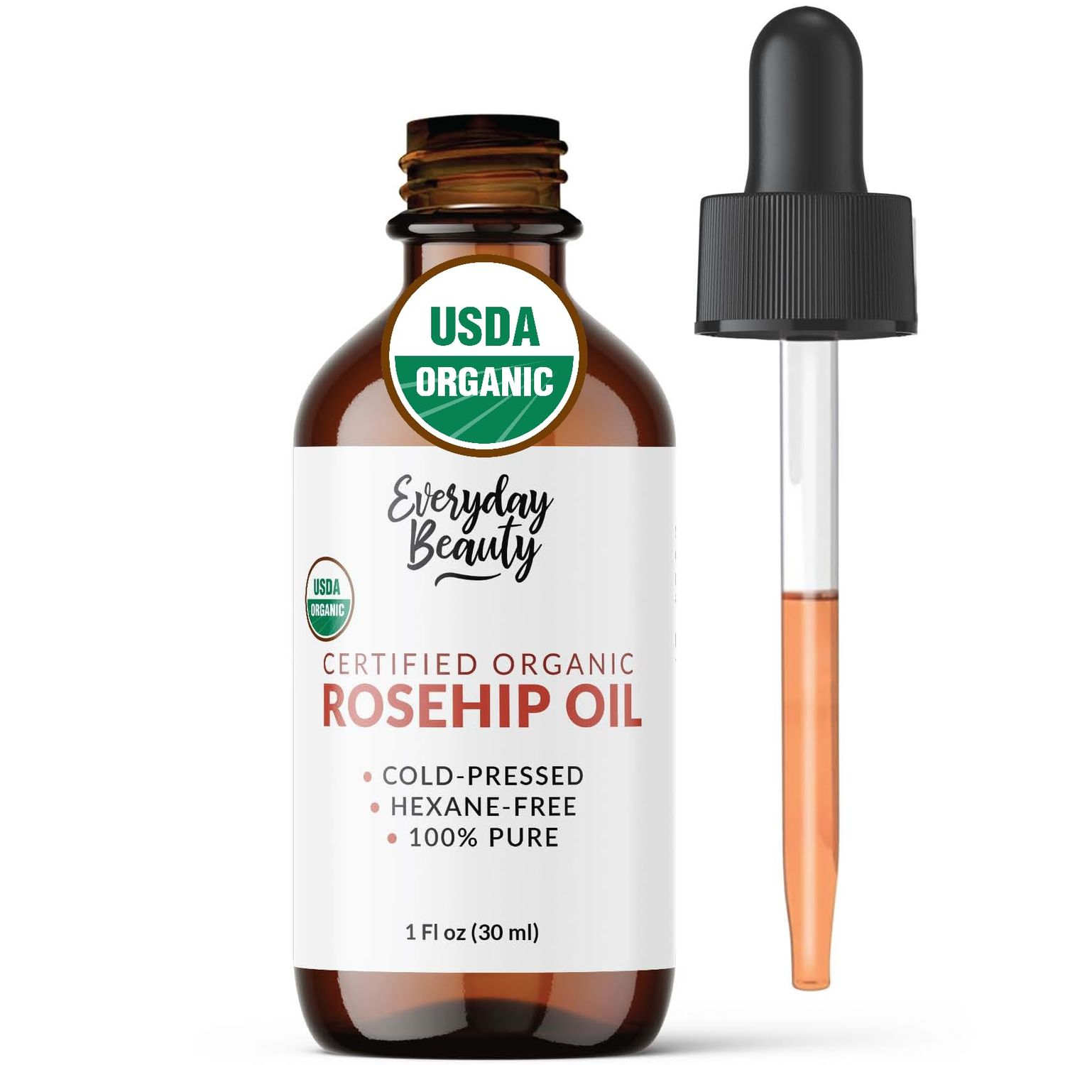 Organic Rosehip Seed Oil 100 Pure, Cold-Pressed, Unrefined USDA Certified Organic Amber Glass Bottle with Glass Dropper For Face, Skin Hair - 1 Fl Oz