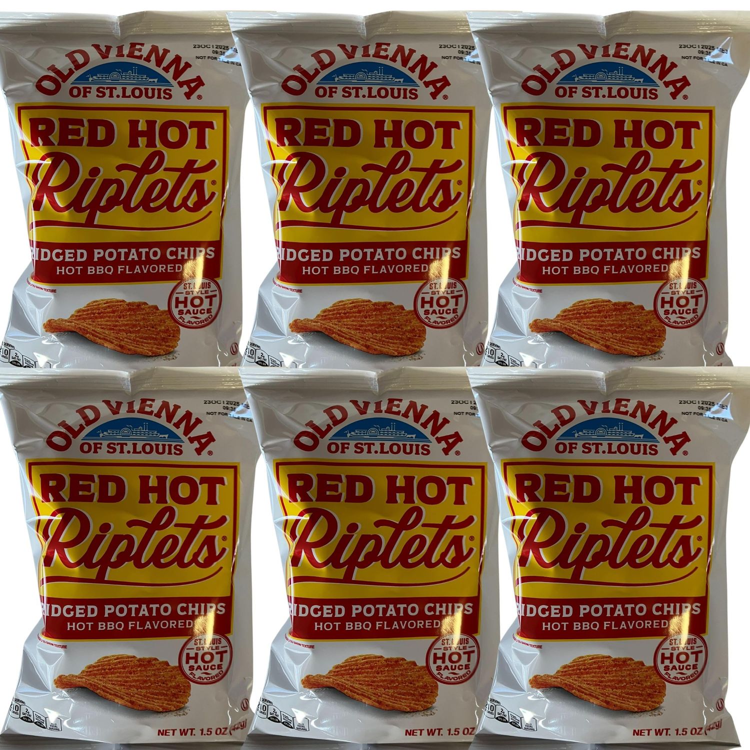 Old Vienna of St. Louis - Red Hot Riplets - Hot BBQ Flavored Ridged Potato Chips- 1.5 Ounce - Pack of 6