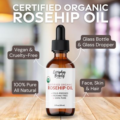 Organic Rosehip Seed Oil 100 Pure, Cold-Pressed, Unrefined USDA Certified Organic Amber Glass Bottle with Glass Dropper For Face, Skin Hair - 1 Fl Oz
