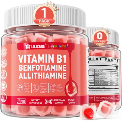 Vitamin B1 Gummies with Benfotiamine 300mg, Allithiamine, Thiamine, Vitamin B Complex Inositol, Methylated B1, B2, B6 Multivitamins, L-methylfolate, Methyl B12 for Nerve Energy Overall Health, 60Cts