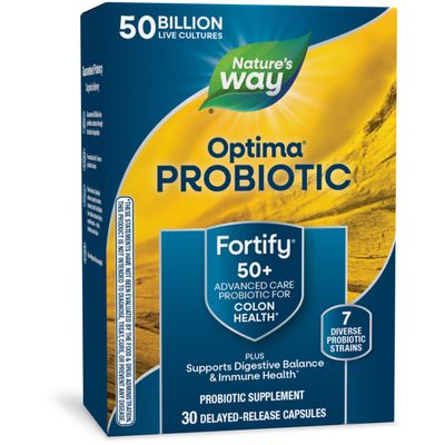 Nature&#39;s Way Fortify Optima Probiotic for Adults 50, 50 Billion Live Cultures, Supports Digestive Balance, Colon Immune Health, No Refrigeration Needed, 30 Capsules (Packaging May Vary)
