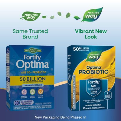 Nature's Way Fortify Optima Probiotic for Adults 50, 50 Billion Live Cultures, Supports Digestive Balance, Colon Immune Health, No Refrigeration Needed, 30 Capsules (Packaging May Vary)