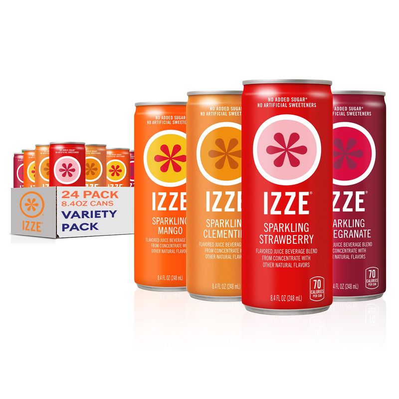 IZZE Sparkling Juice Beverage Blend, Dawn Variety Pack, Mango, Clementine, Strawberry, Pomegranate, No Sugar Added, 8.4 FL OZ, 24 Cans