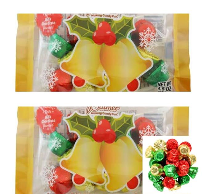 Christmas Chocolate Bells - Milk Chocolate Flavored Bell Shaped Candy - Green, Red, Gold Wrappers. Holiday Candy, Individually wrapped, Christmas candy, Stocking Stuffer, Party Bag Fillers.