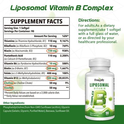 Franguly Active B Complex Liposomal B Vitamins with Choline Inositol, 90 Softgels High Potency B1, B2, B3, B5, B6, Biotin, Folate, Methylated B12- Immune, Energy, Brain Heart Support Supplements