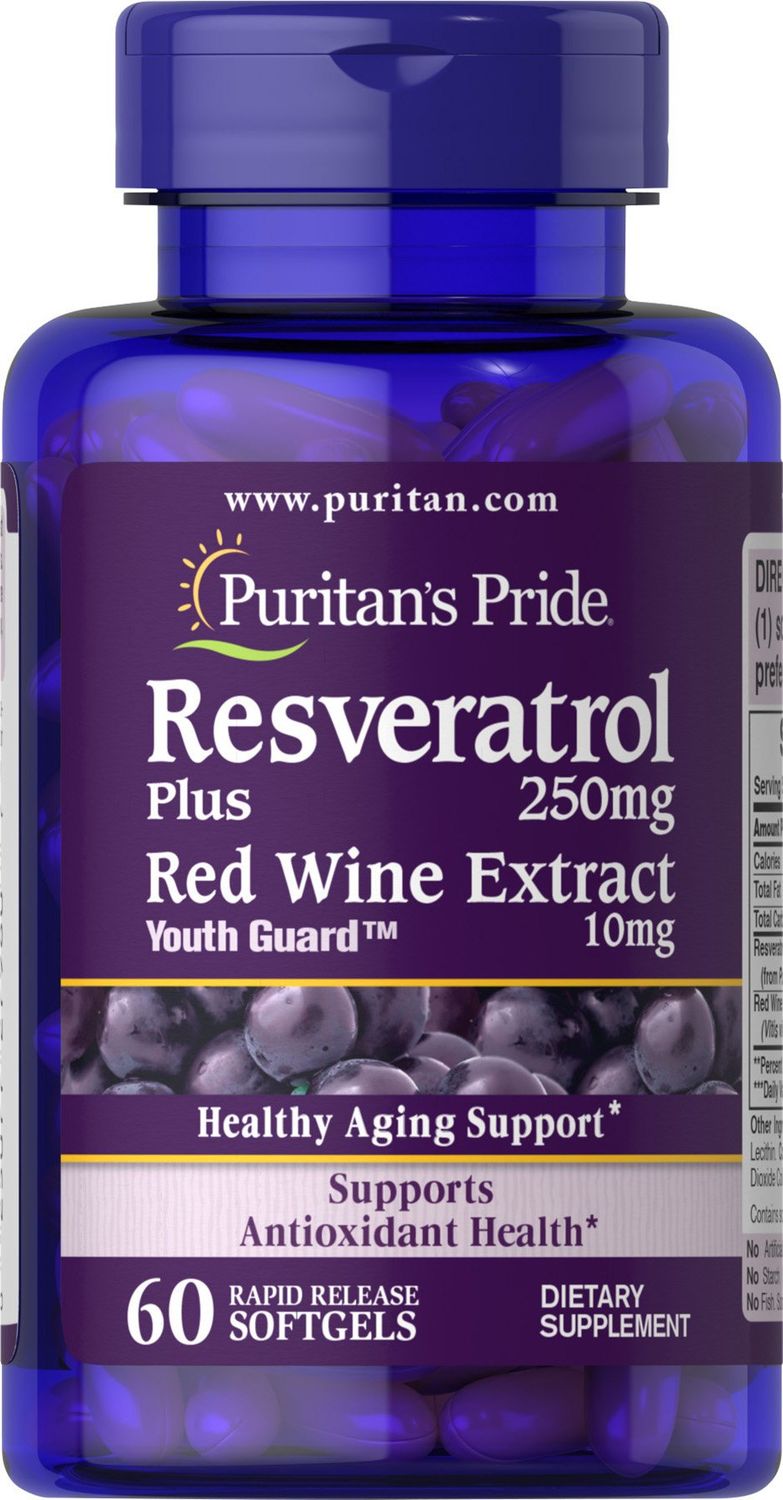 Puritan&#39;s Pride Premium Resveratrol Youth Guard 250mg, Dietary Supplement for Immune System, Antioxidant, Sugar Metabolism, Blood Flow, and Vascular Function Support, 60 Rapid Release Softgels