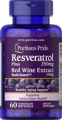Puritan&#39;s Pride Premium Resveratrol Youth Guard 250mg, Dietary Supplement for Immune System, Antioxidant, Sugar Metabolism, Blood Flow, and Vascular Function Support, 60 Rapid Release Softgels