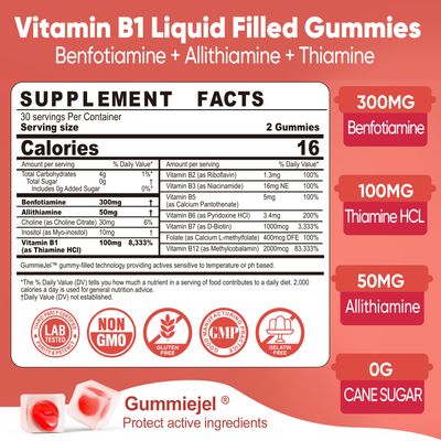 Vitamin B1 Gummies with Benfotiamine 300mg, Allithiamine, Thiamine, Vitamin B Complex Inositol, Methylated B1, B2, B6 Multivitamins, L-methylfolate, Methyl B12 for Nerve Energy Overall Health, 60Cts