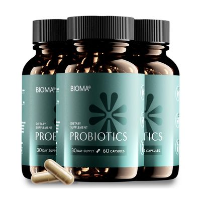 BIOMA Probiotics for Digestive Health, 3 in 1 Gut Health Probiotics and PrebioticsPostbiotics, Slow Release Synbiotic Probiotic Capsules for Complete Gut Harmony Probiotic Multi Enzyme (180 Caps)