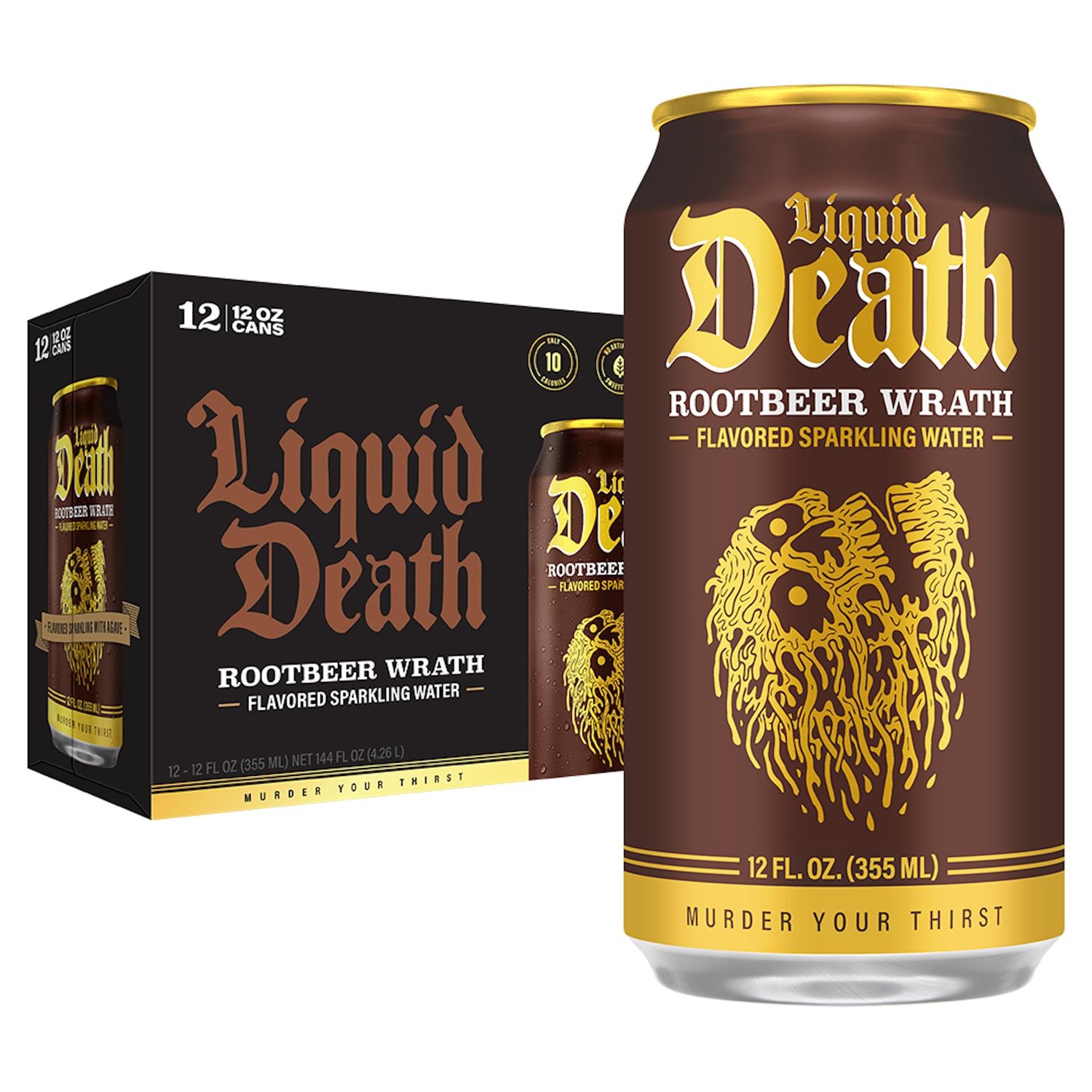 Liquid Death, Rootbeer Wrath, Root Beer-Flavored Sparkling Water, 12-Pack (12oz Cans), Low Calorie No Artificial Sweeteners