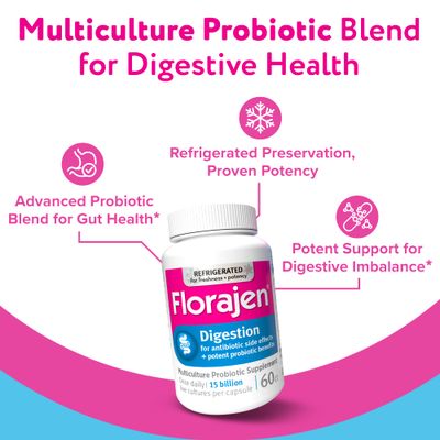 Florajen Digestion Probiotics (Refrigerated) - Advanced Gas Bloat Supplement with Lactobacillus, Supports Gut Health, Unbloat Good Flora, Adult Daily Probiotics for Constipation, 60 Count