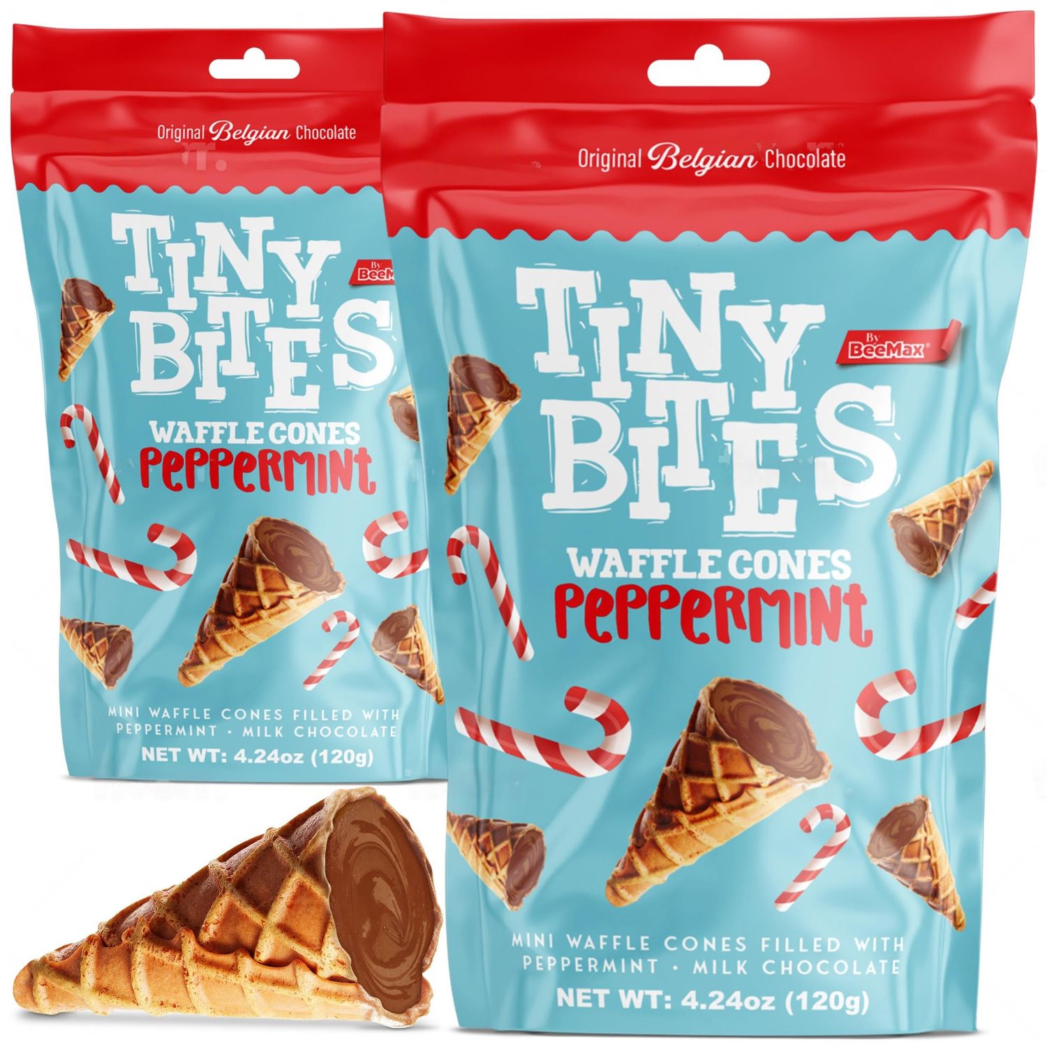 Tiny Bites - Crispy Mini Waffle Cones Treats - Premium Belgian Chocolate, 4.24 oz Bag (Pack of 2) - Delicious Variety of Flavors, Perfect Snack, Dessert, or Ice Cream Topping (2 Pack, Peppermint)