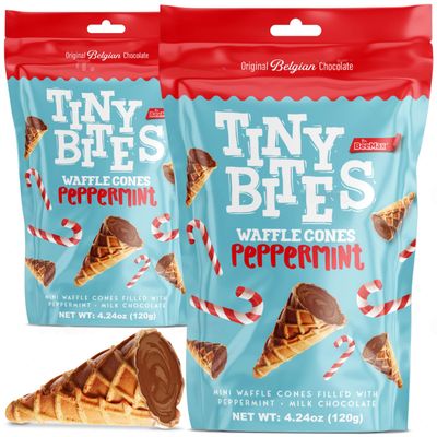Tiny Bites - Crispy Mini Waffle Cones Treats - Premium Belgian Chocolate, 4.24 oz Bag (Pack of 2) - Delicious Variety of Flavors, Perfect Snack, Dessert, or Ice Cream Topping (2 Pack, Peppermint)