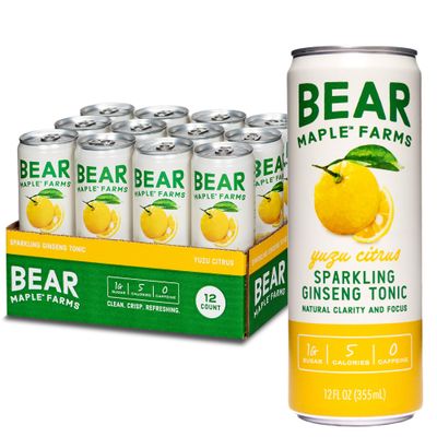 Bear Maple Farms Sparkling Ginseng Tonic, Natural Focus Clarity from Ginseng, No Caffeine, 5-10 calories per serving, Naturally Sweetened, 12oz can - Yuzu