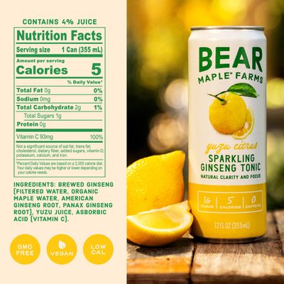 Bear Maple Farms Sparkling Ginseng Tonic, Natural Focus Clarity from Ginseng, No Caffeine, 5-10 calories per serving, Naturally Sweetened, 12oz can - Yuzu