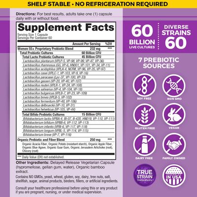 Vital Planet - Vital Flora Women Over 55 Daily Probiotic 60 Billion CFU, 60 Diverse Strains, 7 Organic Prebiotics, Immune Support Shelf Stable Digestive Health Probiotics for Women 60 Capsules