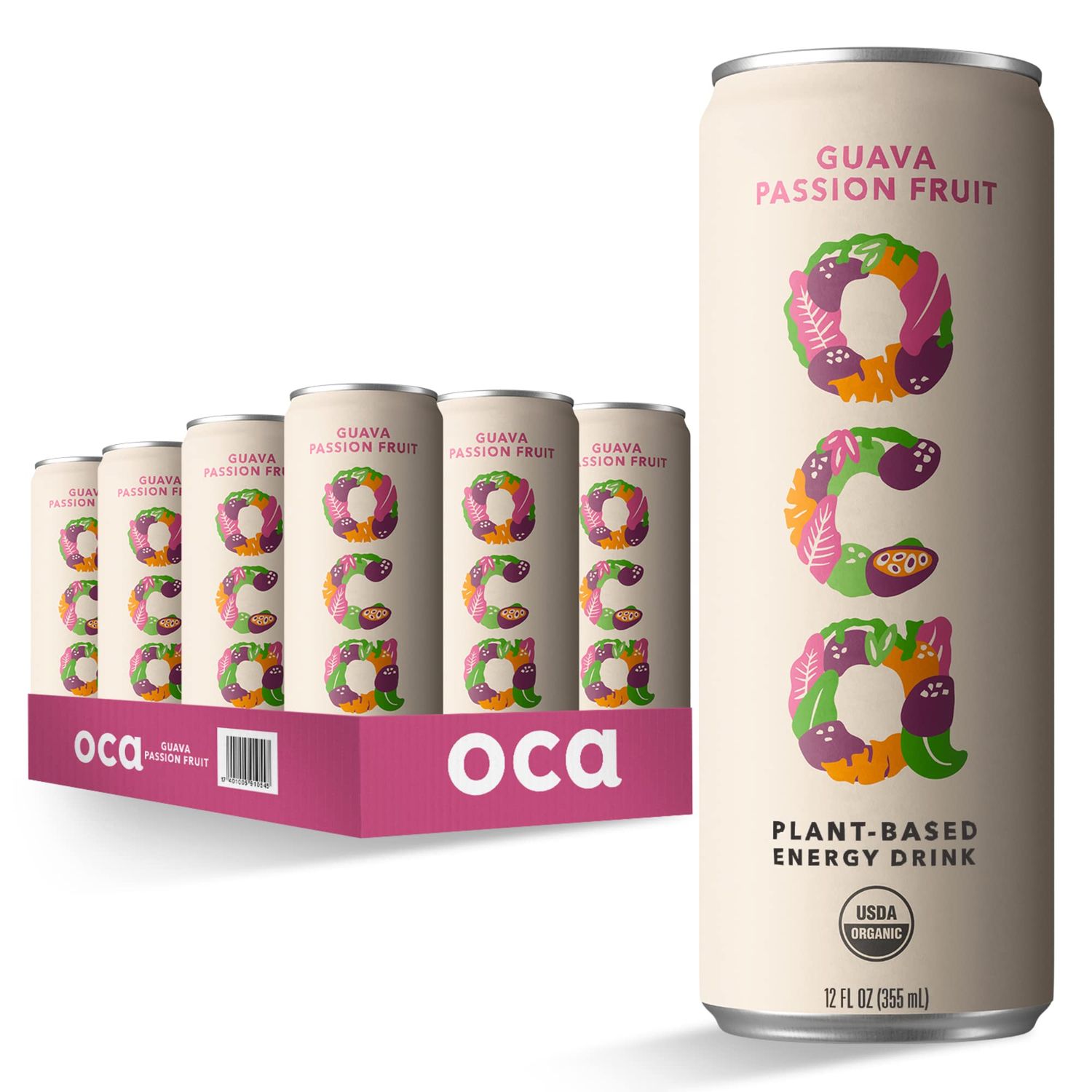 OCA - Plant Based Energy Drink - Natural Low Sugar - Organic Energy Drink Vegan - Guava Passion Fruit - 60 cal. can - 12 Pack