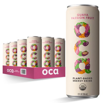 OCA - Plant Based Energy Drink - Natural Low Sugar - Organic Energy Drink Vegan - Guava Passion Fruit - 60 cal. can - 12 Pack