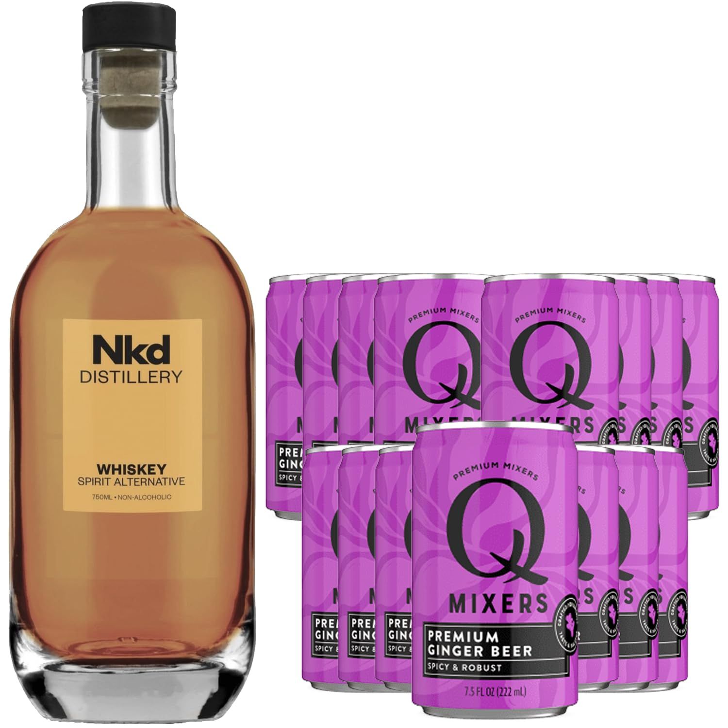 Nkd Distillery Whiskey Alternative Premium Non-Alcoholic Spirit - Zero Alcohol - With Q Mixers Ginger Beer [ 15 Pack ]