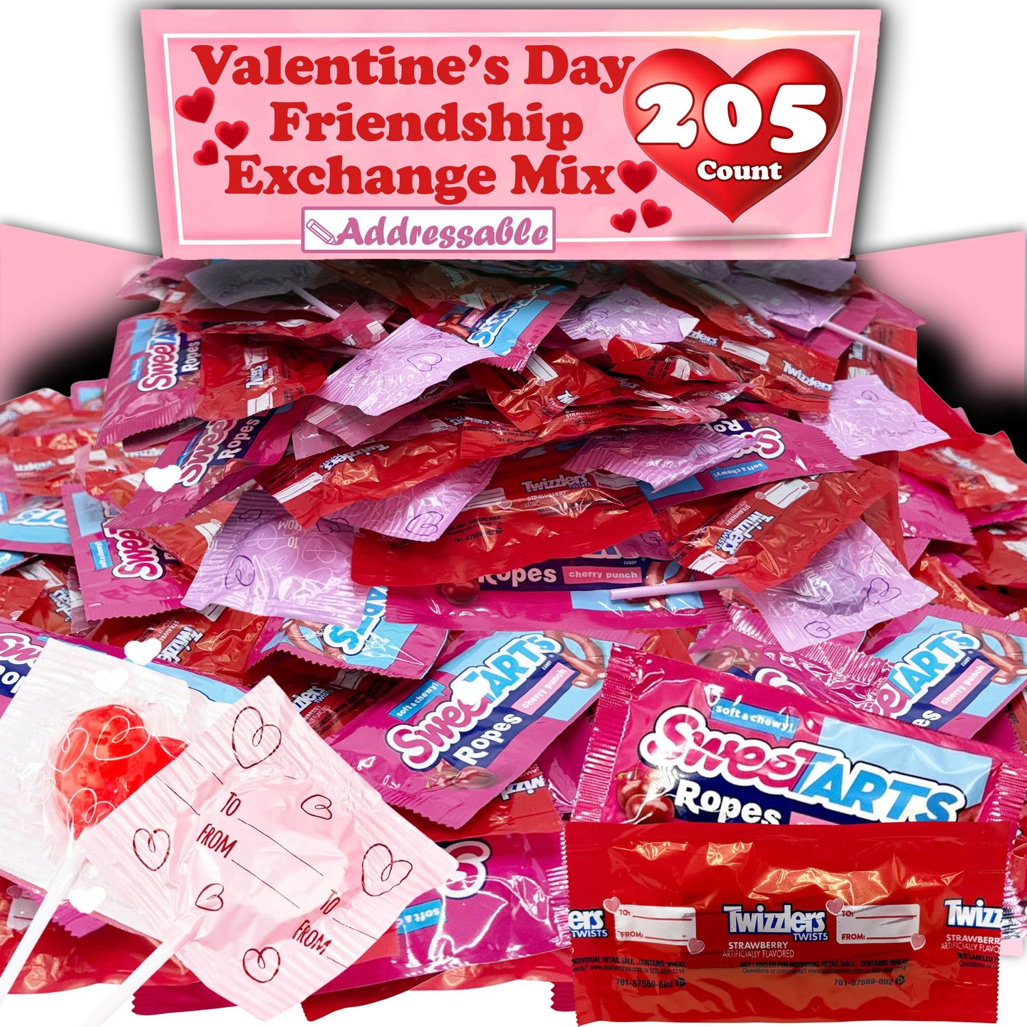 Valentine&#39;s Candy Mix, 5 Lbs Bulk, Individually Wrapped Valentine&#39;s Candy Assortment, Purple Red Heart Lollipops, Twizzles, Swetarts, Classroom Exchange Candy, Kids Valentine&#39;s Candy