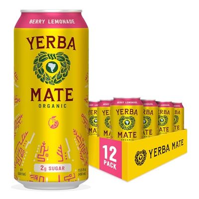 Yerba Madre Organic Yerba Mate, Energy Drink Alternative, Berry Lemonade, Low Sugar, 150mg Natural Caffeine, Better for You Energy Focus, No Jitters or Crash, 15.5 Oz (Pack of 12) (Packaging May Vary)