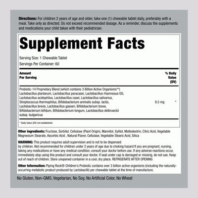 Piping Rock Childrens Probiotic-14 60 Chewable Tablets Berry Flavor 3 Billion Active Organisms Non-GMO, Gluten Free Kids Supplement