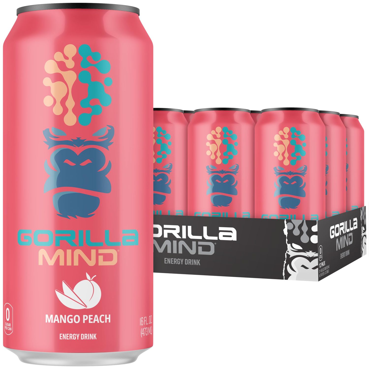 Gorilla Mind Energy Drink Unmatched Energy Amplified Focus N-Acetyl-L-Tyrosine, Alpha-GPC, 200mg Caffeine, Uridine, Saffron 0 Sugar Or Artificial Colors 16oz, 12-Pack (Mango Peach)