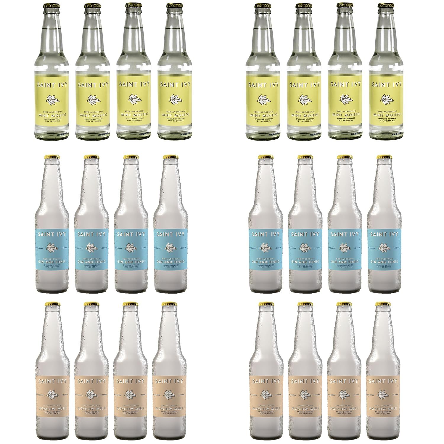 Saint Ivy Non Alcoholic Virgin Drinks Mix Pack - Mint Mojito, Sugar Free Moscow Mule, Sugar Free Gin and Tonic - 24 Bottles