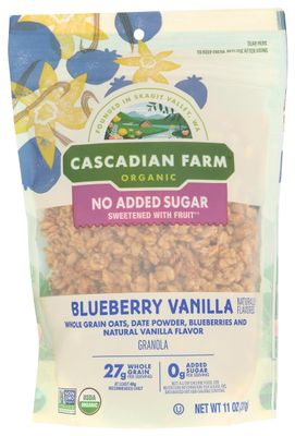 Cascadian Farm Organic Blueberry Vanilla Granola, Natural Flavors, No Added Sugar, Whole Grain, Kosher, USDA Certified Organic, Non-GMO, 11 Ounce (Pack of 4)