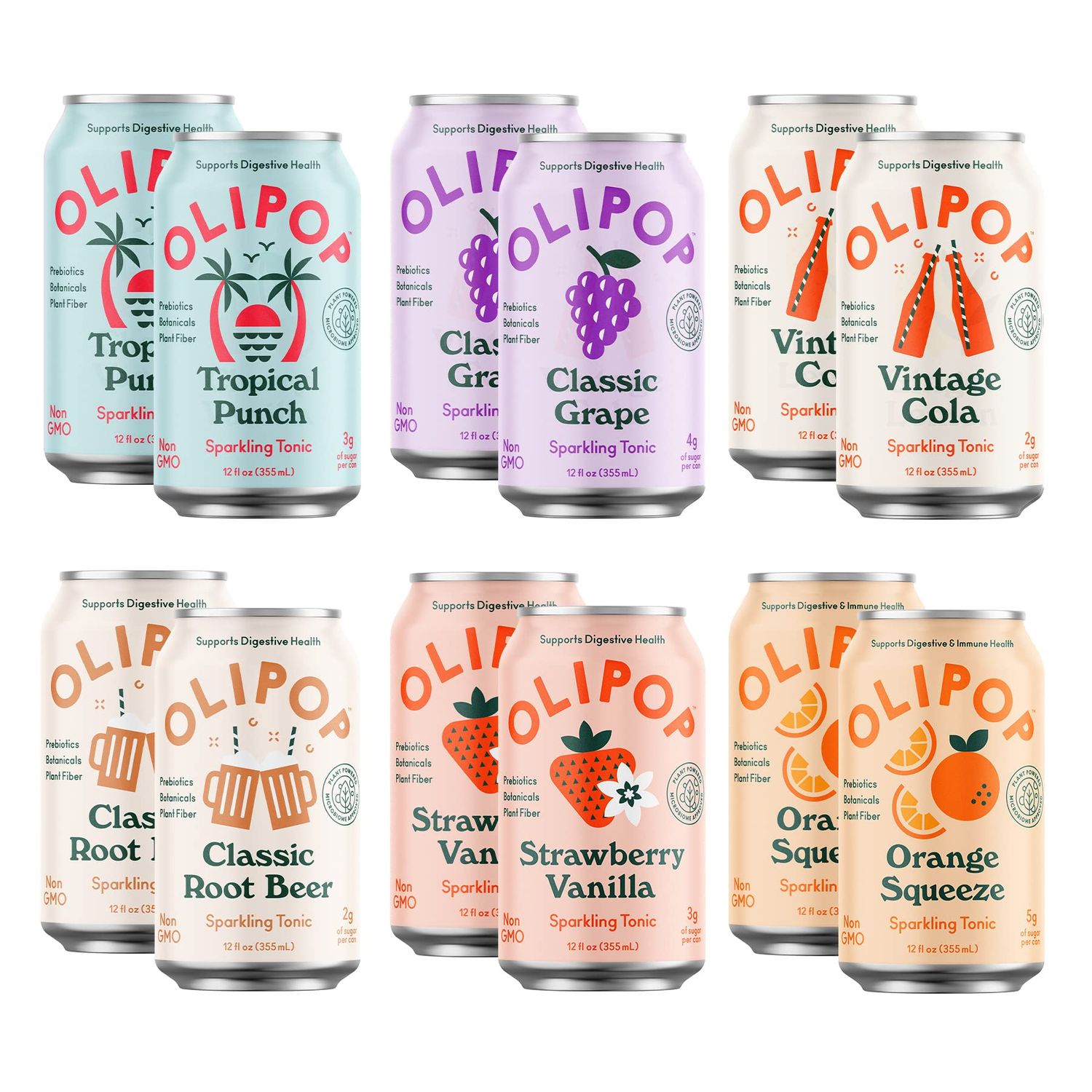 Olipop - 6-Flavor Sparkling Tonic Variety Pack, Prebiotic Soda Sampler, Contains Rich in Botanicals, High Fiber, Vegan, Paleo-Friendly, Non-GMO (12 oz, 12-Pack)