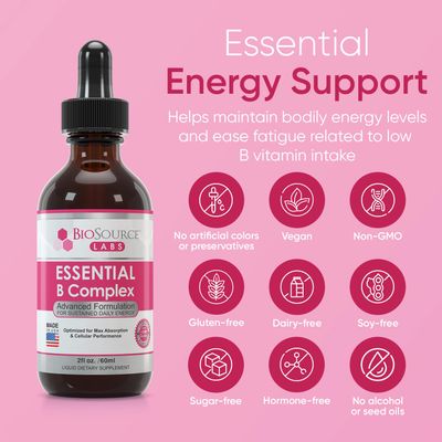 BioSource Labs Essential B Complex - Daily Vegan Vitamin B-Complex Sublingual Liquid Drops wMethyl B12 (2oz 60ml Bottle) - 60-Day Supply