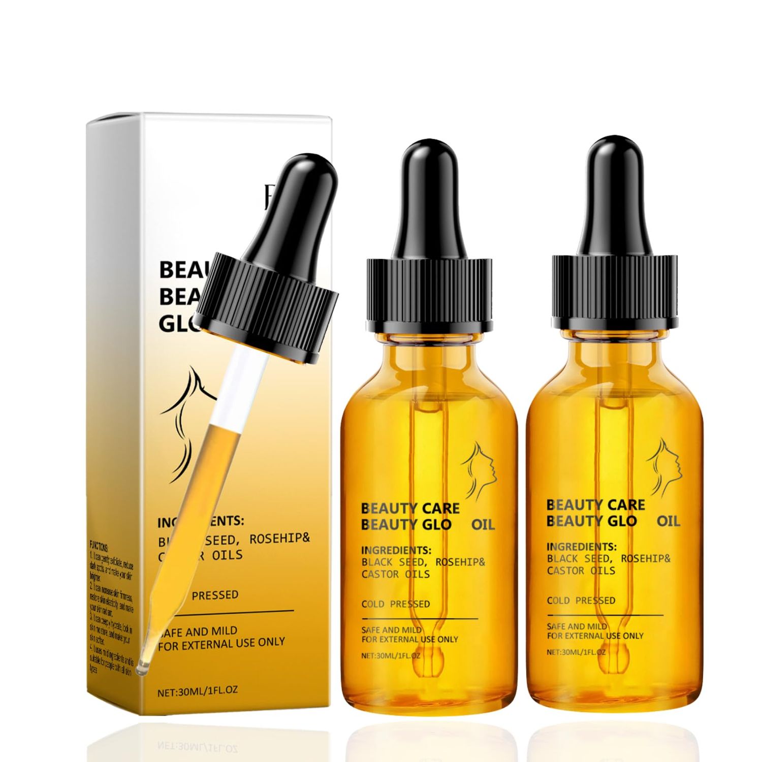 2pcs Black Seed Oil, Rosehip Oil, Castor Oil Organic Cold Pressed for Face - Hydrating Facial Oil,Essential Oils for Women - Anti Aging Serum for Face - Reduces Wrinkles Fine Lines